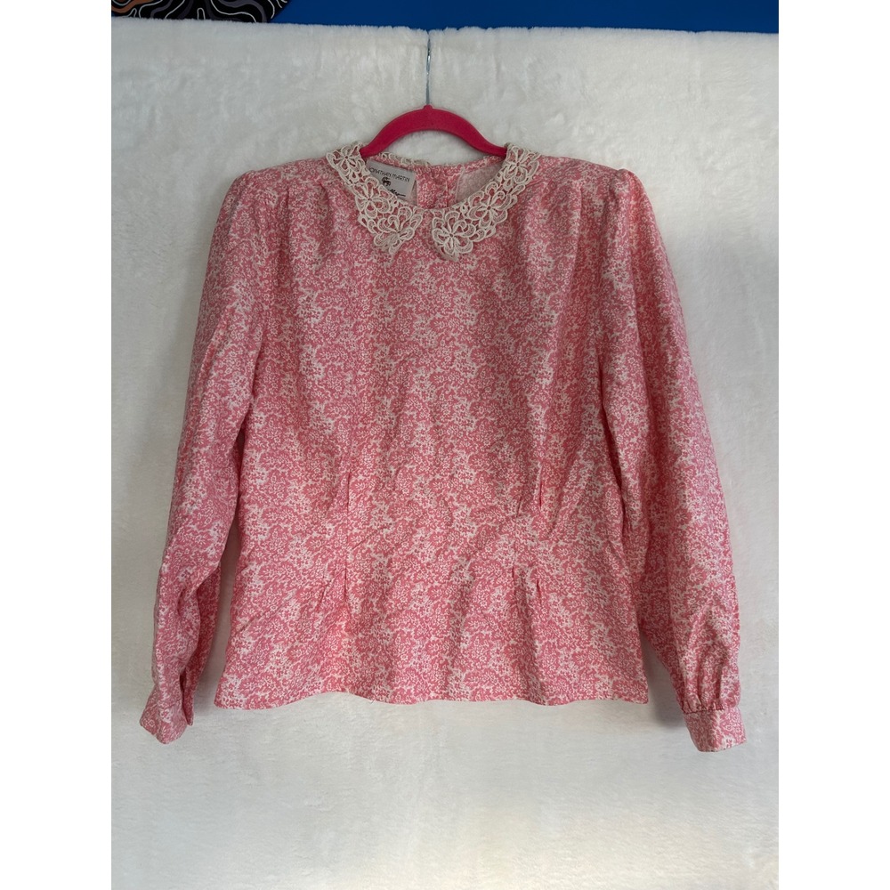 Vintage Jonathan Martin Pink Floral Lace Collar‎ Blouse Cotton Victorian Top 14